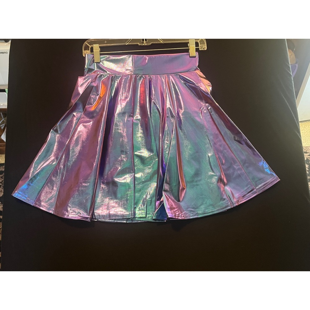 Iridescent Holographic Metallic Skater Mini Skirt Purple Blue Green